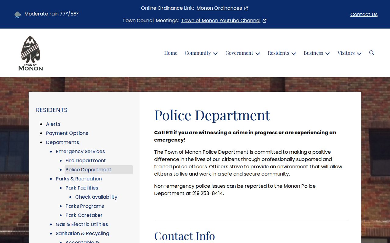 Monon Police Department official arrest records contact page in White County